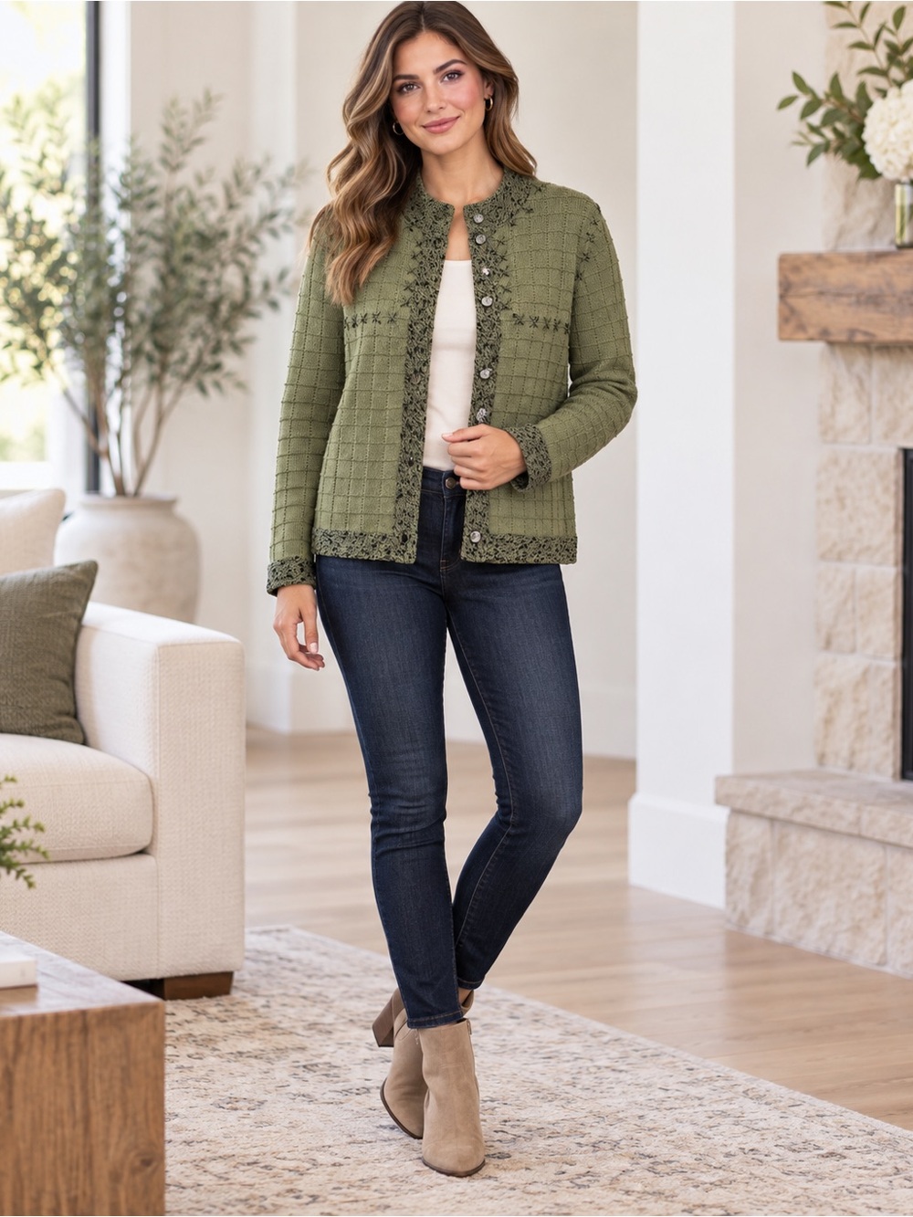 Ann Trinity Grid Pattern Button Front Knit Cardigan Sweater - Medium